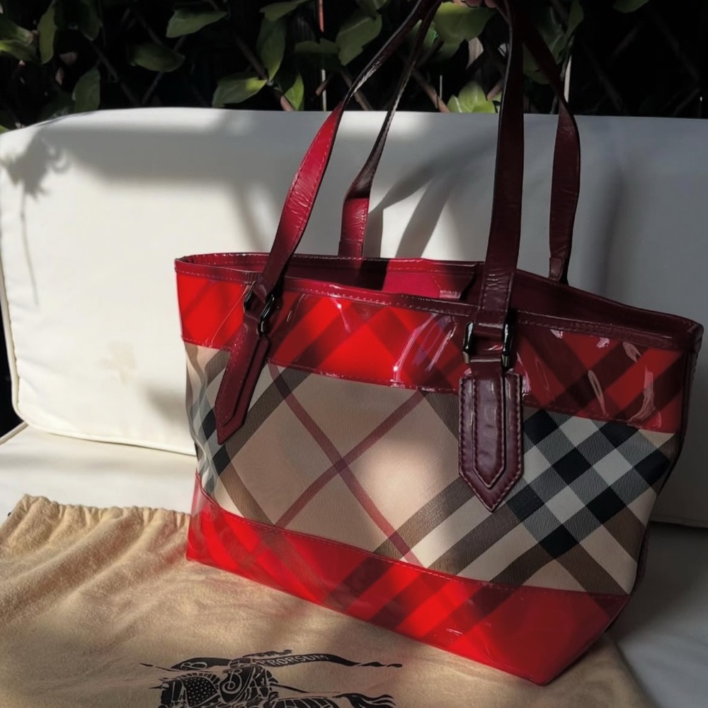 Burberry Red and Beige Plaid Tote